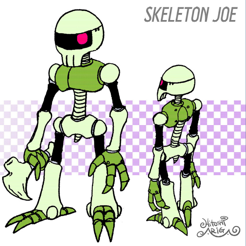1boy ariga_hitoshi armor artist_name bone character_name reference_sheet checkered_background chest_armor commentary_request concept_art from_behind full_body gloves glowing glowing_eye gradient_background green_armor highres holding holding_bone humanoid_robot looking_at_viewer looking_to_the_side male_focus mega_man_(classic) mega_man_(series) mega_man_4 mega_man_megamix multiple_views no_humans one-eyed pink_background red_eyes robot scanlines screw signature simple_background skeleton skeleton_joe_(mega_man) skull spine standing turnaround weapon white_background white_footwear white_gloves