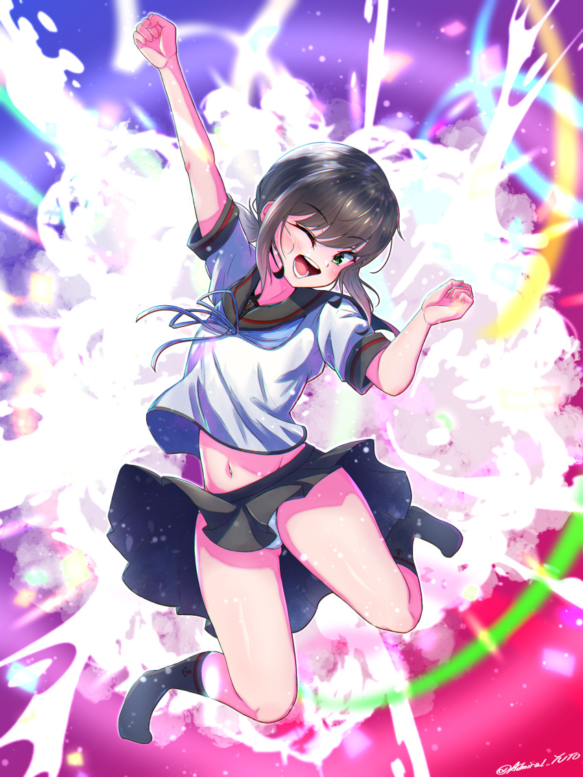 1girl absurdres anchor_symbol black_hair black_sailor_collar black_skirt black_socks fubuki_(kancolle) fubuki_kai_ni_(kancolle) green_eyes highres jumping kantai_collection long_hair low_ponytail miniskirt one_eye_closed open_mouth panties pleated_skirt ponytail sailor_collar school_uniform serafuku short_hair short_ponytail short_sleeves sidelocks skirt socks solo underwear white_panties yoko_hata