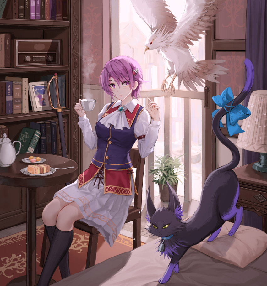 1girl ascot bed bedroom bird black_cat black_socks book bookshelf cat celine_(sen_no_kiseki) chair collared_dress commentary cup dress eiyuu_densetsu english_commentary falcon feet_out_of_frame food fork hair_between_eyes hair_ornament hairclip hands_up highres holding holding_cup indoors kloe_rinz kneehighs lamp long_sleeves looking_at_viewer on_chair pillow plant plate pleated_dress potted_plant purple_eyes purple_hair school_uniform sen_no_kiseki_(series) sheath sheathed short_hair sieg_(eiyuu_densetsu) sitting socks solo sora_no_kiseki steam sword table teacup teapot vest weapon white_ascot white_dress yuzuriha_(atelier_liang)