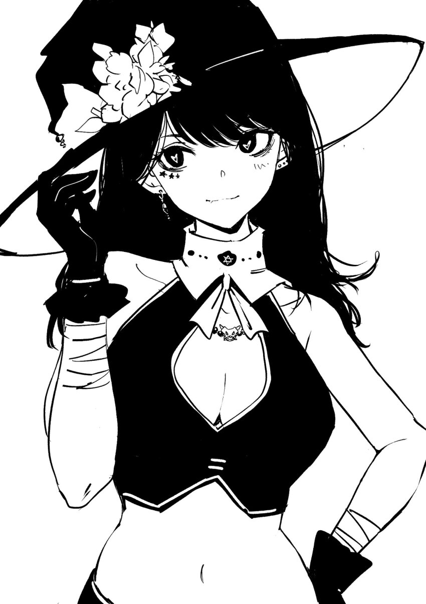 1girl adjusting_clothes adjusting_headwear bare_shoulders black_gloves breasts cleavage crop_top earrings flower gloves hand_on_own_hip hat hat_flower heart heart-shaped_pupils highres jewelry kajino_(aosansai) large_breasts looking_at_viewer medium_hair midriff mole mole_under_eye monochrome multiple_moles navel original simple_background solo symbol-shaped_pupils