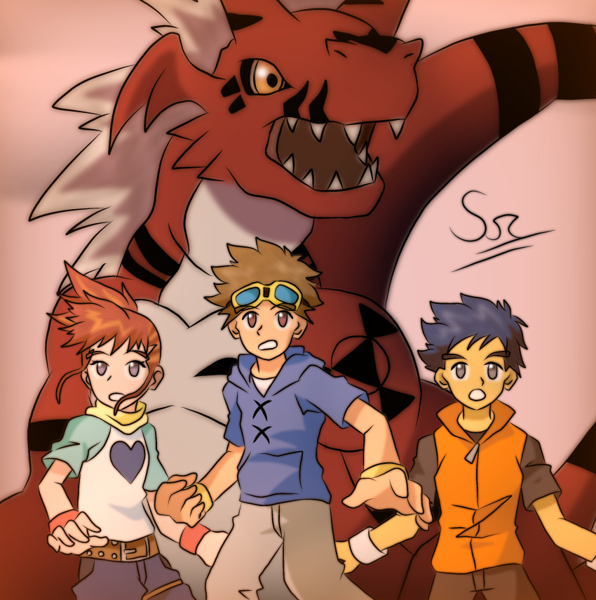 belt digimon digimon_tamers growmon hair_ornament hairpin heart highres lee_jianliang long_hair makino_ruki matsuda_takato ponytail