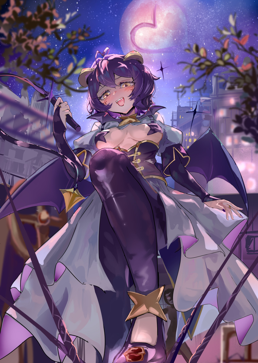 1girl absurdres blush breasts cityscape corset demon_horns demon_wings facial_tattoo full_moon highres hiiragi_utena holding holding_riding_crop horns large_breasts looking_at_viewer low_wings mahou_shoujo_ni_akogarete moon nail_polish naughty_face open_mouth pants pasties purple_corset purple_footwear purple_hair purple_pants riding_crop saliva saliva_trail shrug_(clothing) smile solo standing standing_on_one_leg star_(sky) star_(symbol) star_pasties tattoo teeth tree underboob upper_teeth_only user_adpn2522 wings yellow_eyes