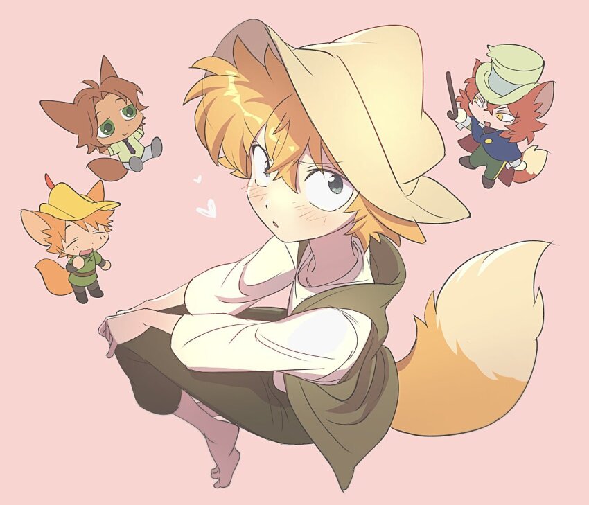 4boys animal_ears belt blue_cape br&#039;er_fox_(disney) brown_belt brown_hair brown_vest cane cape chibi commentary fox_boy fox_ears fox_tail green_eyes green_hat green_pants green_shirt green_tunic grey_eyes hair_between_eyes hat heart holding holding_cane honest_john_(disney) humanization invisible_chair looking_at_viewer multiple_boys necktie nick_wilde orange_hair pants pink_background pinocchio_(disney_movie) purple_necktie red_hair robin_hood_(disney_character) robin_hood_(disney_movie) shirt sitting smile song_of_the_south species_connection tail top_hat tunic uochandayo vest white_shirt yellow_eyes yellow_hat zootopia