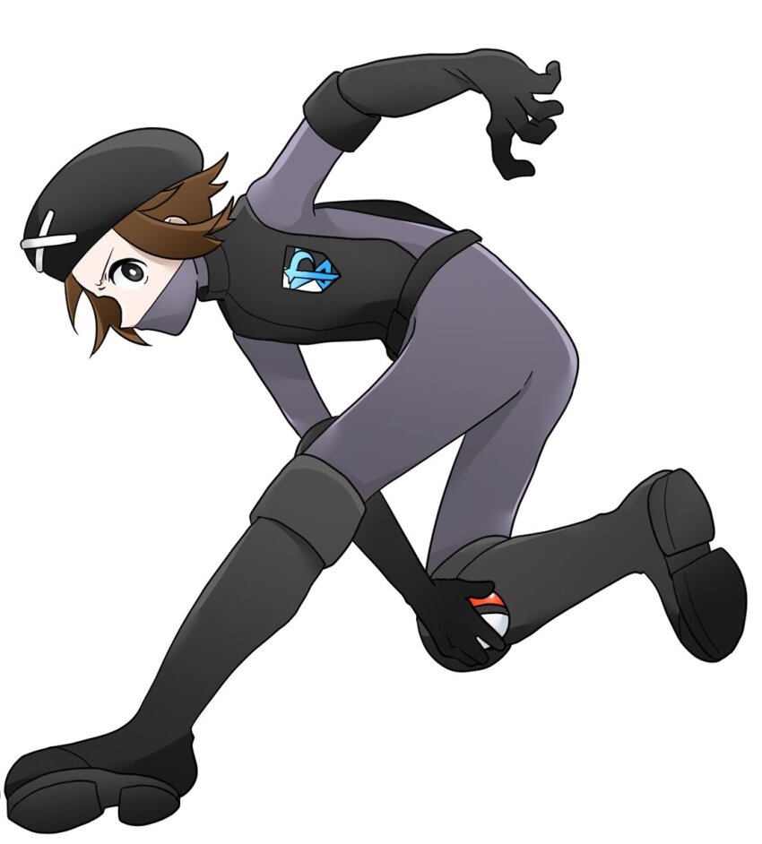 black_footwear black_gloves black_hat black_vest bodysuit bright_pupils brown_hair commentary_request cosplay full_body gloves grey_bodysuit hat highres holding holding_poke_ball looking_at_viewer male_focus mashiro_eaka mask mouth_mask nate_(pokemon) nintendo poke_ball poke_ball_(basic) pokemon pokemon_bw2 short_hair simple_background solo team_plasma_grunt team_plasma_grunt_(cosplay) team_plasma_uniform vest white_background white_pupils