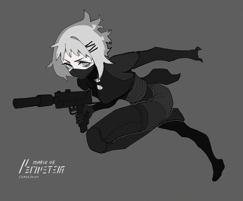 1girl aqua_eyes aqua_sclera artist_name bags_under_eyes black_bodysuit black_cape bodysuit bright_pupils cape character_name colored_sclera commentary copyright_name english_commentary english_text film_grain grey_background grey_hair gun hair_ornament hairclip highres holding holding_gun holding_weapon leaning_forward looking_at_viewer mac-10/11 marie_(peripeteia) mask mechanical_legs mouth_mask ninja ninja_mask pale_skin peripeteia running short_hair solo somersaultdropkick submachine_gun suppressor weapon white_pupils