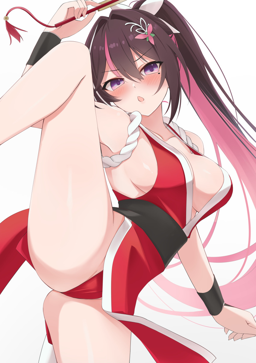 1girl absurdres alternate_costume azki_(hololive) breasts brown_hair choumei_(qca012005) cosplay highres hololive japanese_clothes kimono large_breasts leg_up long_hair looking_at_viewer mole mole_under_eye pink_hair ponytail purple_eyes red_kimono shiranui_mai shiranui_mai_(cosplay) solo the_king_of_fighters virtual_youtuber