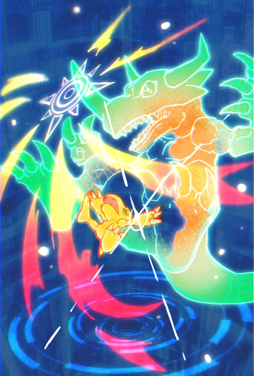 digimon digimon_(creature) digimon_adventure digimon_adventure:_(2020) dinosaur evolutionary_line full_body garurumon green_eyes greymon henshin highres lizard megane_mochi no_humans orange_scales wide_shot