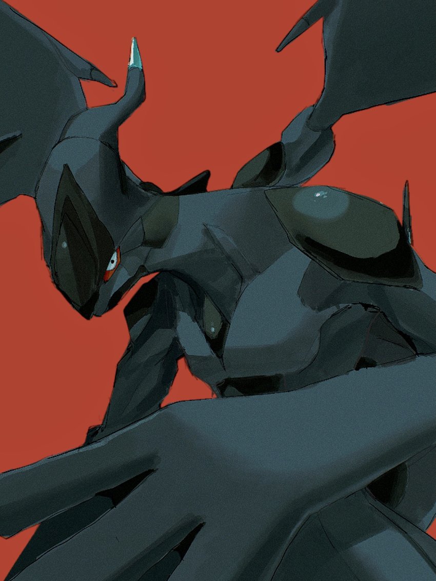 bad_id bad_twitter_id blue_eyes closed_mouth colored_sclera commentary_request gen_5_pokemon gogot highres legendary_pokemon looking_at_viewer nintendo no_humans pokemon pokemon_(creature) red_background red_sclera simple_background solo zekrom
