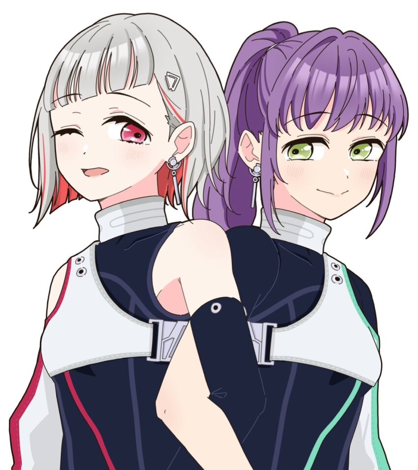2girls ;d armpit_crease bare_shoulders black_shirt bob_cut closed_mouth commentary_request deepness_(love_live!) diagonal_bangs earrings flower_stand_art green_eyes grey_hair hair_intakes highres inverted_bob jewelry link!_like!_love_live! llkapital locked_arms long_hair looking_at_another love_live! multicolored_hair multiple_girls official_alternate_costume official_alternate_hairstyle one_eye_closed open_mouth otomune_kozue ponytail purple_hair red_eyes red_hair shirt short_hair shrug_(clothing) sidelocks simple_background single_sleeve sleeveless sleeveless_shirt smile split_mouth streaked_hair virtual_youtuber white_background white_shrug yugiri_tsuzuri