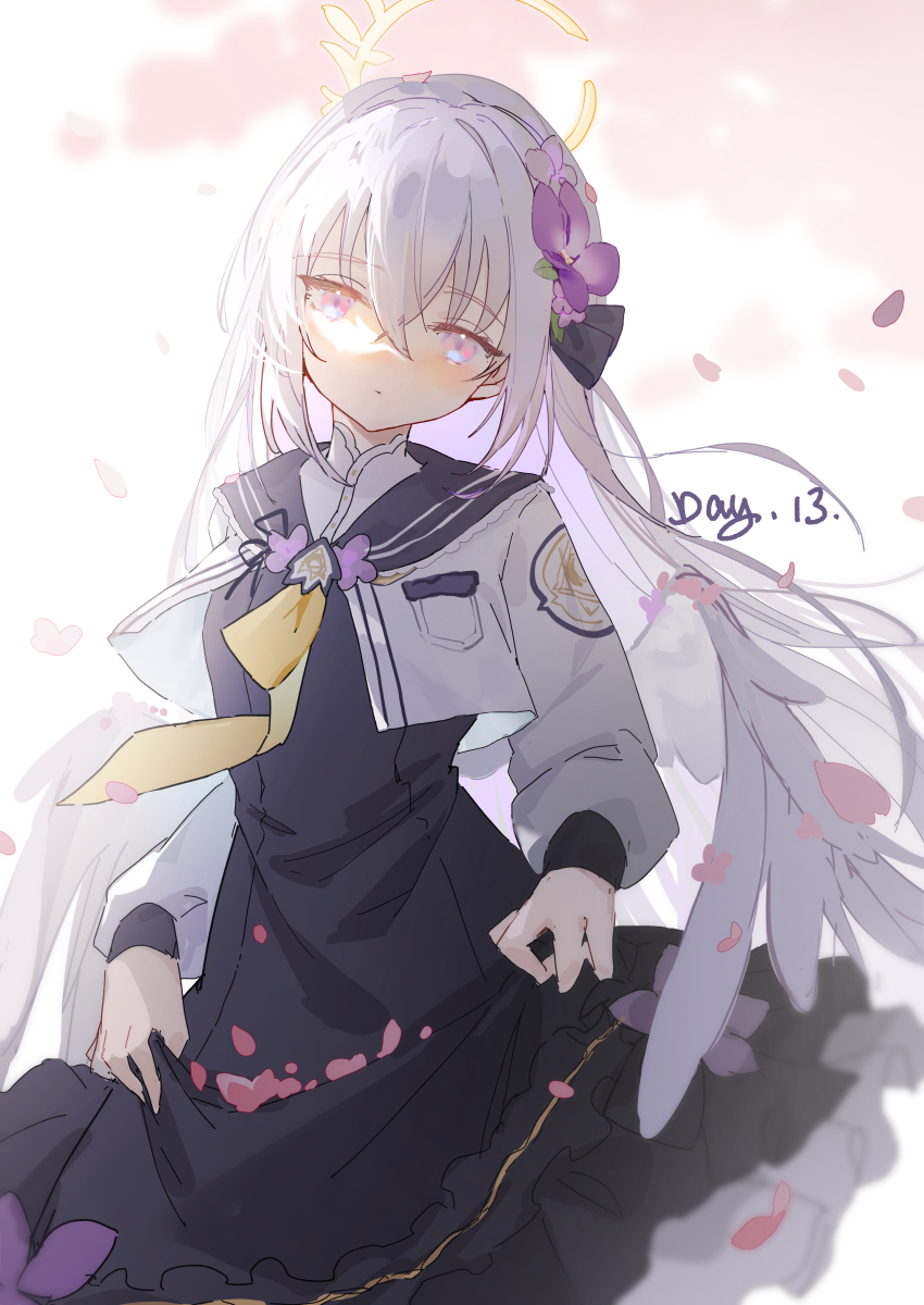 1girl absurdres angel_wings azusa_(blue_archive) black_dress black_ribbon black_sailor_collar blue_archive blush cherry_blossoms closed_mouth crescent_halo crossed_bangs dress falling_petals feathered_wings flower frilled_dress frills hair_flower hair_ornament halo head_tilt highres long_sleeves looking_at_viewer low_wings neckerchief petals petticoat pink_petals puffy_long_sleeves puffy_sleeves purple_eyes purple_flower reiami ribbon sailor_collar simple_background skirt_hold solo white_hair white_wings wind wind_lift wings yellow_halo yellow_neckerchief