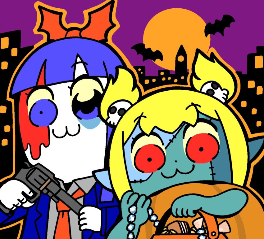 2girls :3 bag bat_(animal) bkub blonde_hair blood blue_eyes blue_hair blue_jacket blunt_bangs bow chibi chibi_only city cityscape closed_mouth collared_shirt commentary costume dot_nose floating_hair formal_clothes grey_shirt gun hair_bow hair_ornament halloween halloween_costume highres holding holding_gun holding_jewelry holding_weapon jacket jewelry long_hair looking_at_viewer moon multiple_girls necktie official_art orange_bag pipimi pointy_ears poptepipic popuko pumpkin_costume purple_sky red_bow red_eyes red_necktie shirt short_hair sidelocks skull skull_hair_ornament sky stitched_face stitches suit two_side_up wallet weapon wide-eyed zombie