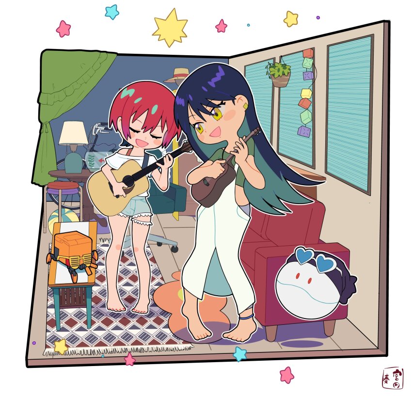 2girls :d amate_yuzuriha anklet artist_name ball barefoot beachball bicycle black_hair blue-tinted_eyewear chair closed_eyes commentary conch_(gundam) couch curtains denim denim_shorts diorama earrings fishbowl full_body green_shirt guitar gundam gundam_gquuuuuux hanging_plant haro hat heart heart-shaped_eyewear highres holding holding_guitar holding_instrument indoors instrument isometric jewelry lamp long_hair long_sleeves looking_at_viewer miyata_(lhr) multiple_girls music nyaan_(gundam_gquuuuuux) open_mouth outline overalls playing_instrument red_hair robot rug shirt short_hair short_sleeves shorts signature simple_background smile standing sunglasses table tinted_eyewear u_u unworn_hat unworn_headwear white-framed_eyewear white_background white_outline white_overalls window window_blinds yellow_eyes