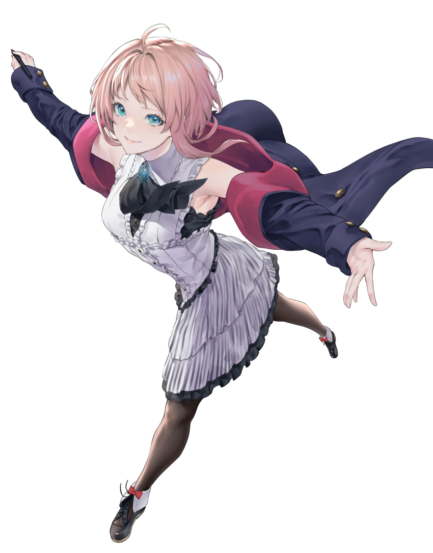 1girl ahoge aqua_eyes armpits blush breasts chest_jewel dress full_body highres jacket large_breasts lips looking_at_viewer mugetsu2501 original pantyhose pink_hair shirt shoes skirt smile stylus white_background white_shirt