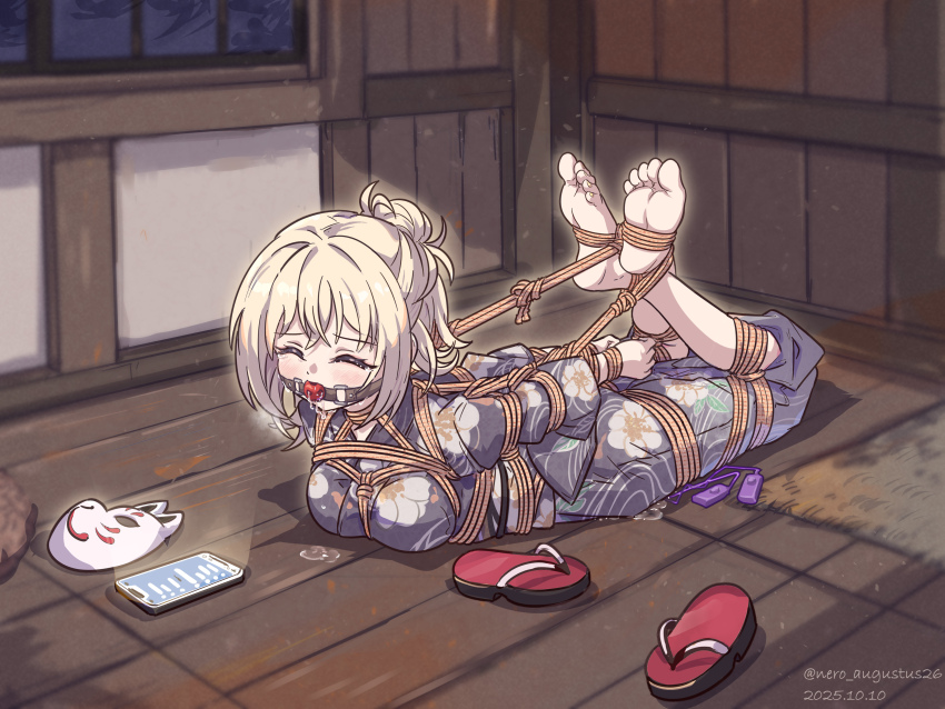 1girl absurdres arms_behind_back ball_gag bang_dream! bang_dream!_it&#039;s_mygo!!!!! barefoot bdsm blonde_hair bondage bound bound_ankles bound_arms bound_breasts bound_legs bound_torso bound_wrists breast_bondage breasts cellphone closed_eyes commentary_request crossed_ankles crotch_rope dated drooling egg_vibrator female_focus forced_orgasm fox_mask gag gagged highres hogtie indoors japanese_clothes kimono large_breasts lying mask misumi_uika nero_augustus official_alternate_costume on_floor on_stomach one_side_up partial_commentary phone ponytail purple_eyes pussy_juice remote_control_vibrator saliva saliva_puddle saliva_trail sandals sex_toy shibari shibari_over_clothes short_ponytail smartphone soles solo tears twitter_username unworn_mask unworn_sandals variant_set vibrator vibrator_under_clothes wiffle_gag window wooden_floor yukata zouri