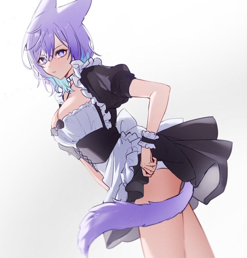 1girl animal_ears apron aqua_hair black_corset black_dress breasts cat_boy cat_ears cat_tail choker cleavage closed_mouth corset dress genderswap genderswap_(mtf) highres large_breasts looking_at_viewer maid maid_apron multicolored_hair nyamnyam0502 paradox_live purple_eyes purple_hair tail white_apron white_choker yatonokami_kanata