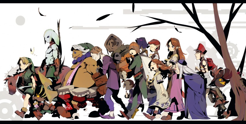 3girls 6+boys anju_(zelda) banker_(majora&#039;s_mask) bombers bukurote cremia deku_link drum epona from_side goron goron_link happy_mask_salesman highres instrument kafei letterboxed link mask multiple_boys multiple_girls multiple_persona nintendo pointy_ears postman_(zelda) professor_shikashi romani_(zelda) skull_kid tael tatl the_legend_of_zelda the_legend_of_zelda:_majora&#039;s_mask walking young_link zora zora_link