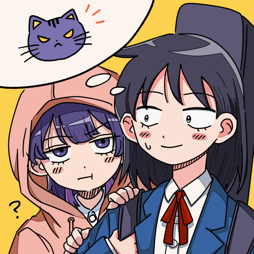 2girls :t ? behind_another black_eyes black_hair blazer blue_jacket blush cat collared_shirt commentary fujii_ayame futsuu_no_keion-bu goodlike0220 guitar_case hatono_chihiro highres holding_strap hood hood_up hooded_jacket image_in_thought_bubble instrument_case instrument_case_on_back jacket jitome lapels lower_eyelashes_only medium_hair multiple_girls neck_ribbon pink_hood pink_jacket pout purple_eyes purple_hair red_ribbon ribbon school_uniform shirt shoulder_grab side_ahoge simple_background small_pupils speech_bubble thought_bubble upper_body white_shirt wolf_cut yellow_background