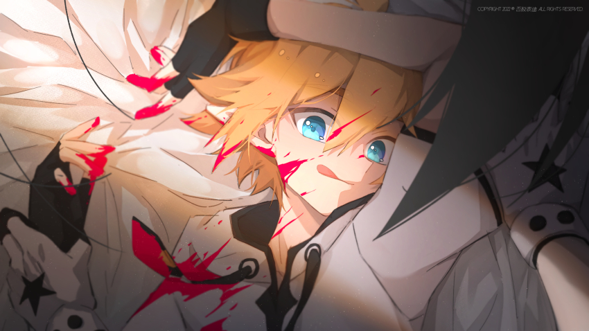 2boys :q aotu_world arm_up artist_name bed_sheet black_gloves blonde_hair blue_eyes chinese_commentary drawstring fingerless_gloves gloves grey_(aotu_world) hair_between_eyes highres holding_another&#039;s_wrist hood hood_down hoodie king_(aotu_world) licking_lips looking_at_viewer lying male_focus multiple_boys on_back on_bed paint_on_body paint_on_clothes paint_on_hands pijitaidi pov pov_hands sheet_grab short_hair short_sleeves smile solo_focus star_(symbol) string tongue tongue_out upper_body white_gloves white_hoodie yaoi