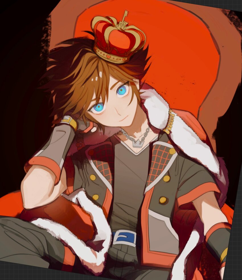 1boy belt black_shirt blue_eyes brown_hair cape chain chain_necklace commentary crown crown_necklace english_commentary fur_trim gloves hat_babo highres jewelry kingdom_hearts male_focus mini_crown necklace red_cape shirt short_hair sitting sitting_on_throne sora_(kingdom_hearts) spiked_hair throne