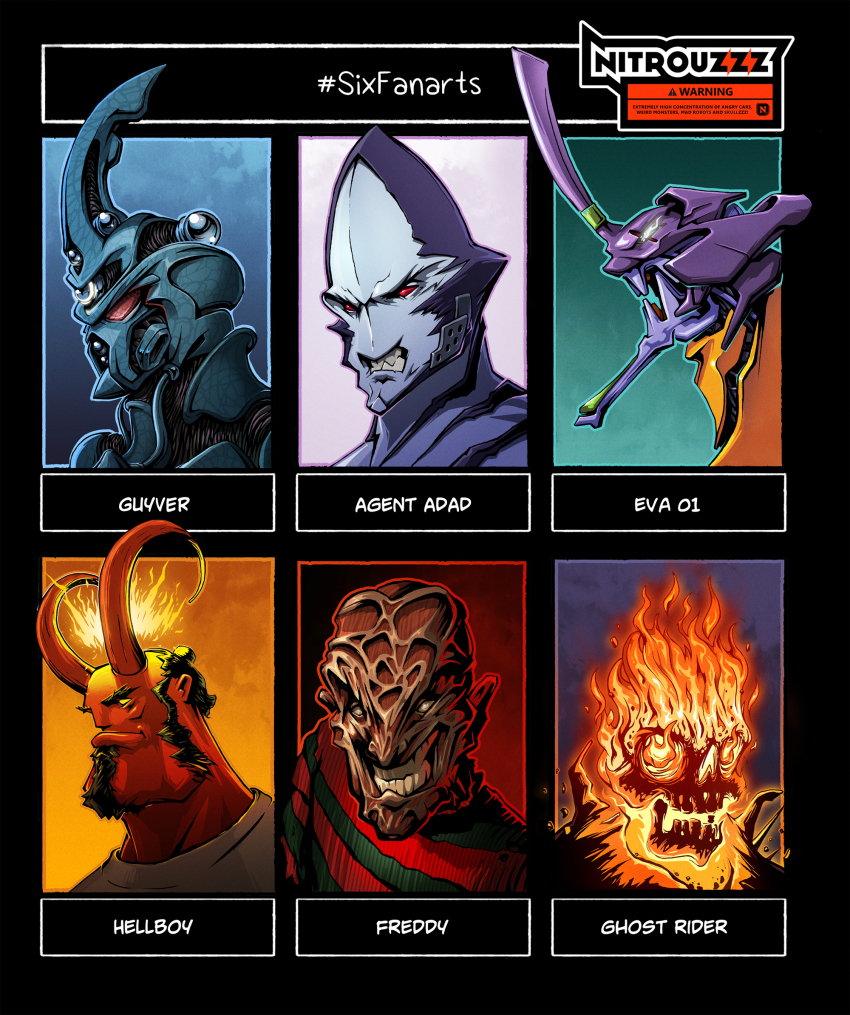 5boys a_nightmare_on_elm_street adad_(ultraman) alien armor artist_name beard black_hair character_name demon_boy demon_horns eva_01 evangelion_(mecha) facial_hair flaming_skull freddy_krueger ghost_rider ghost_rider_(series) glowing glowing_eye green_sweater guyver_i hellboy highres horns kyoushoku_soukou_guyver male_focus marvel mecha multiple_boys multiple_drawing_challenge neon_genesis_evangelion nitrouzzz parted_lips power_armor red_eyes red_sweater robot scowl single_horn six_fanarts_challenge skull smile striped_clothes striped_sweater sweater ultra_series ultraman_(hero&#039;s_comics) v-shaped_eyebrows yellow_eyes