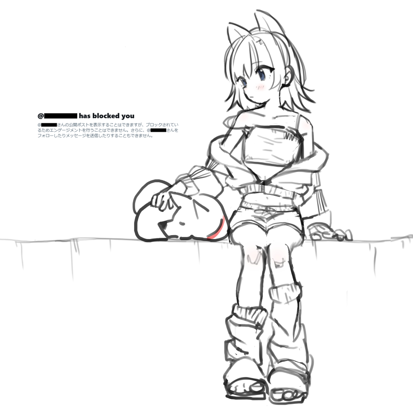 1girl absurdres animal_ears asymmetrical_legwear blush camisole censored censored_text closed_mouth collarbone crop_top dnkb11 dog_ears dog_girl full_body greyscale highres jacket knee_blush ledge leg_warmers long_sleeves looking_at_viewer looking_to_the_side medium_hair midriff monochrome navel off_shoulder open_clothes open_jacket original partially_unzipped petting screenshot_inset shiba_inu short_shorts shorts sitting sleeping_animal solo spaghetti_strap spot_color translation_request twitter uneven_legwear
