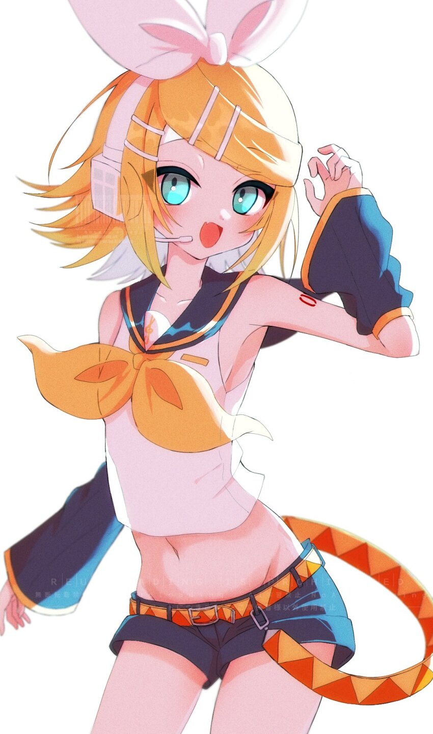 1girl aqua_eyes armpits bare_shoulders belt belt_buckle black_sailor_collar black_shorts black_sleeves blonde_hair bow breasts buckle collarbone fang hair_ornament hairclip headphones headset highres kagamine_rin midriff narrow_waist navel neckerchief nnc225 number_tattoo open_mouth orange_belt sailor_collar see-through_silhouette short_shorts shorts shoulder_tattoo sideboob skin_fang skinny small_breasts smile solo swept_bangs tattoo treble_clef two-tone_belt vocaloid white_bow yellow_belt yellow_neckerchief