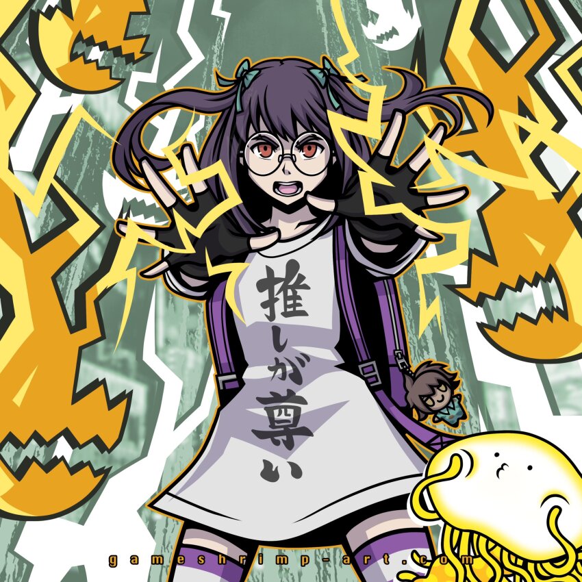 1girl black_gloves clothes_writing electricity energy eyebrows female_focus fingerless_gloves fumo_(doll) glasses gloves green_ribbon hands_up highres open_mouth orange_eyes purple_hair ribbon round_eyewear shin_subarashiki_kono_sekai shirt solo_focus striped_clothes striped_thighhighs subarashiki_kono_sekai thighhighs twintails usui_nagi white_shirt