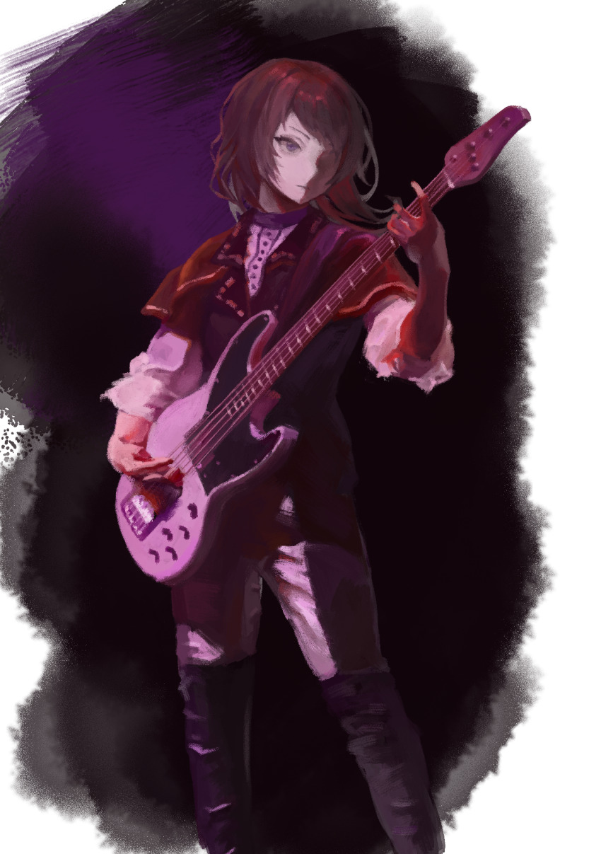 1girl 5-string_bass_guitar bang_dream! bang_dream!_it&#039;s_mygo!!!!! bass_guitar black_boots black_hair black_vest boots capelet closed_mouth highres holding holding_bass_guitar holding_instrument instrument medium_hair music neko_tenko playing_bass_guitar playing_instrument red_capelet shirt side_ponytail solo thigh_boots timoris_(bang_dream!) vest white_shirt yahata_umiri