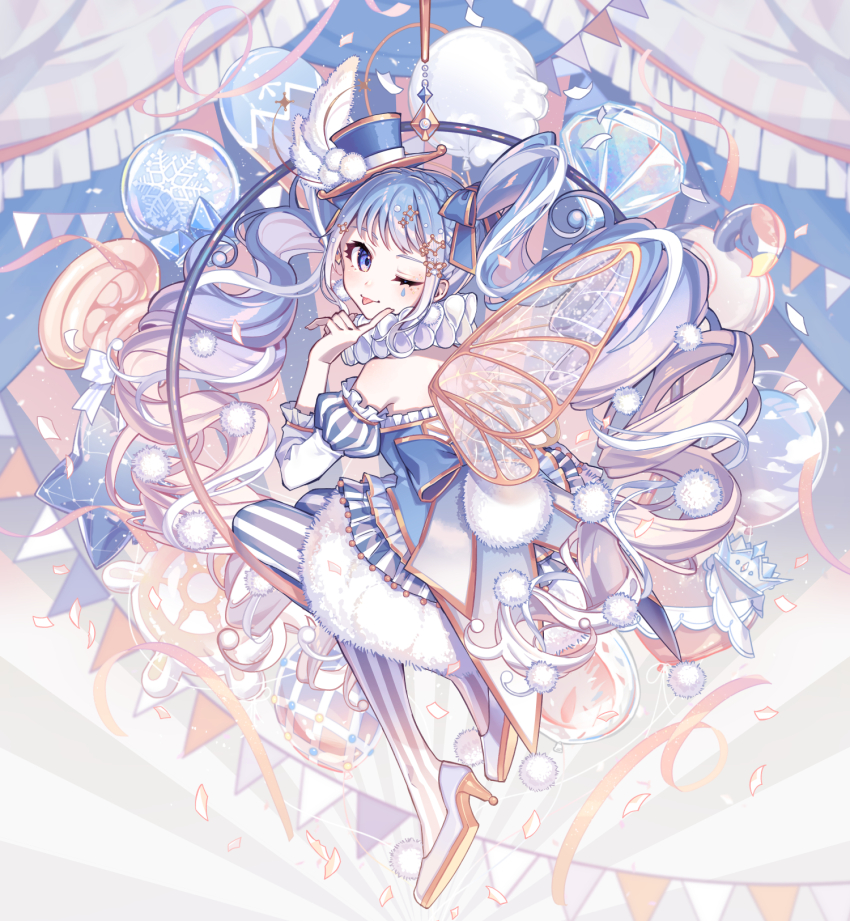 1girl black_leggings blue_bow blue_cape blue_dress blue_hair blue_hat bow cape commentary_request curtains dress fairy_wings full_body fur-trimmed_dress fur_trim hair_ornament hat hat_feather hatsune_miku high_heels highres leggings looking_at_viewer mini_hat nou_(nounknown) one_eye_closed purple_eyes solo star_(symbol) star_hair_ornament teardrop_facial_mark tongue tongue_out twintails vertical-striped_leggings vocaloid white_footwear white_leggings wings