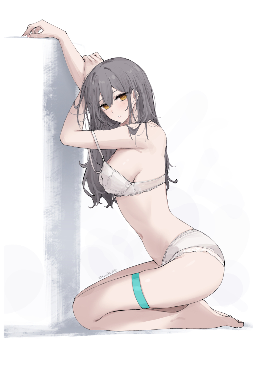 1girl arms_up bare_shoulders bra breasts feint721 from_side grey_hair hair_between_eyes highres honkai:_star_rail honkai_(series) leaning_on_object light_blush lingerie long_hair looking_at_viewer medium_breasts messy_hair midriff panties parted_lips seiza sideboob simple_background sitting solo stelle_(honkai:_star_rail) thigh_strap trailblazer_(honkai:_star_rail) underwear underwear_only white_background white_bra white_panties yellow_eyes