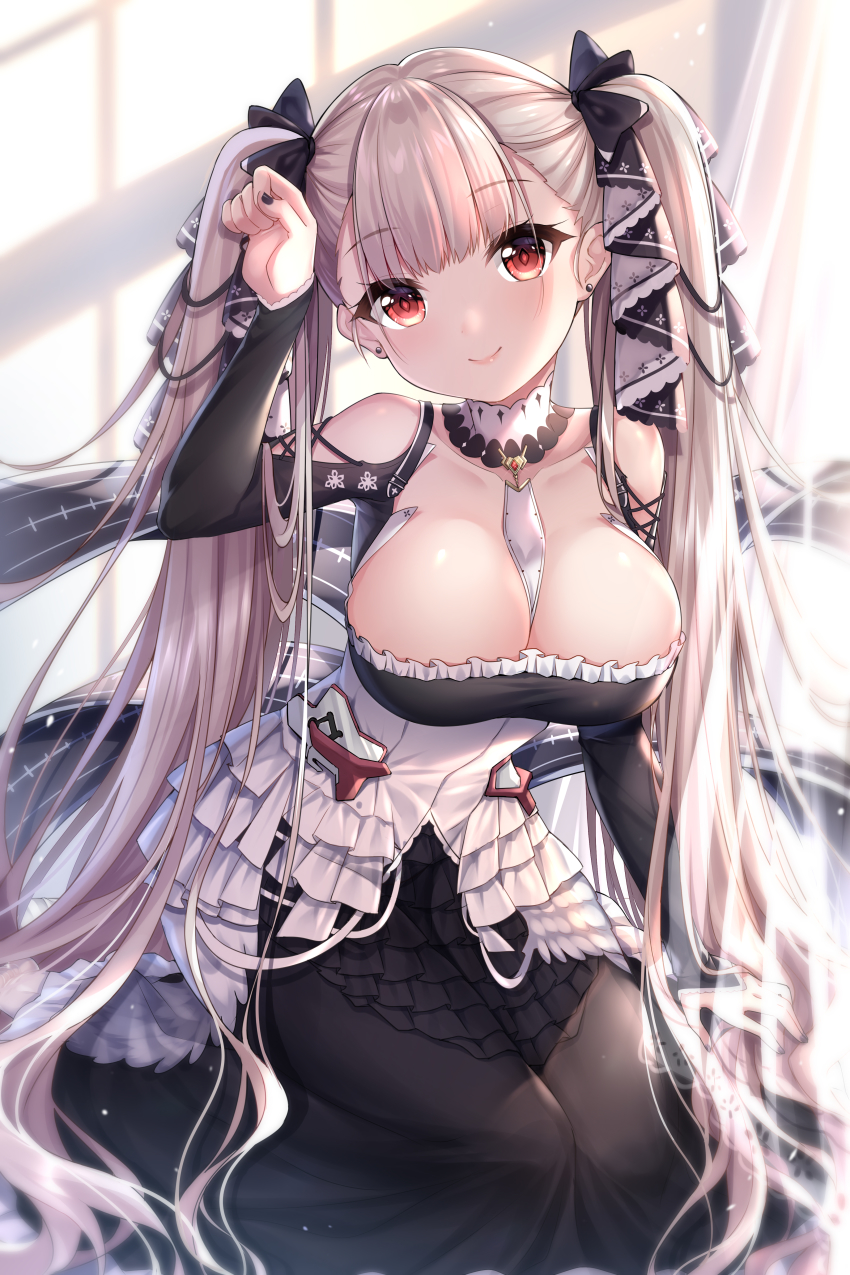 1girl absurdres arm_up azur_lane bare_shoulders black_dress black_nails black_ribbon breasts cleavage collarbone dress earrings female_focus formidable_(azur_lane) hair_ribbon head_tilt highres jewelry large_breasts long_hair long_sleeves looking_at_viewer nail_polish red_eyes ribbon sannio silver_hair solo stud_earrings twintails very_long_hair
