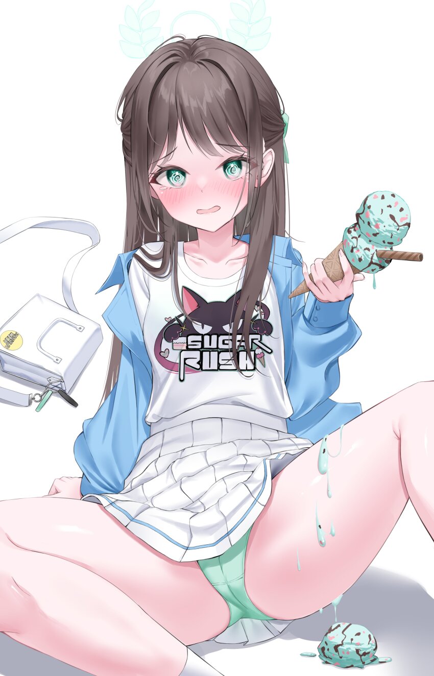1girl @_@ absurdres accident airi_(band)_(blue_archive) airi_(blue_archive) bag blue_archive blush brown_hair collarbone crying double_scoop embarrassed food food_on_body food_on_legs green_panties highres holding holding_food holding_ice_cream holding_ice_cream_cone ice_cream ice_cream_cone ice_cream_cone_spill long_hair looking_at_viewer melting mint_chocolate mint_chocolate_(razschi) official_alternate_costume open_mouth panties print_shirt sad shirt simple_background skirt solo spill tears underwear wfa5051 white_background white_skirt
