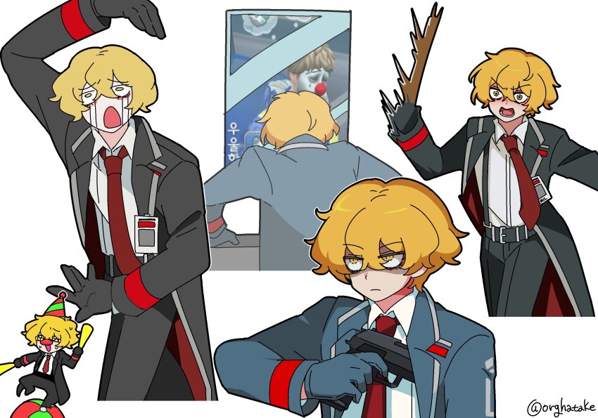 1boy black_gloves black_suit blonde_hair chibi closed_mouth clown clown_nose collared_shirt cowboy_shot crying formal_clothes gloves gun handgun highres holding holding_gun holding_weapon id_card juggling kekeken limbus_company looking_at_mirror male_focus mirror necktie open_mouth project_moon red_necktie shirt short_hair sinclair_(project_moon) solo stick streaming_tears suit suspenders sweat tears weapon white_shirt