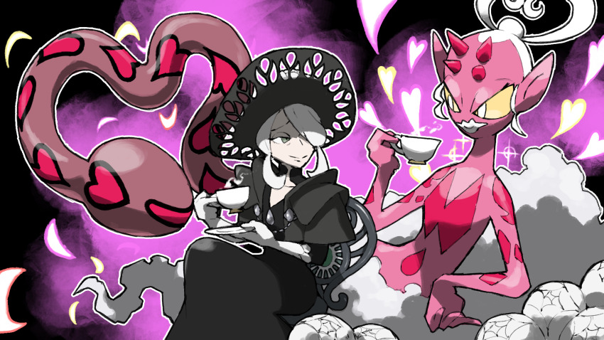 1girl black_background black_dress black_hat blacknirrow chair closed_mouth cogita_(pokemon) colored_sclera cup dress elbow_gloves enamorus enamorus_(incarnate) eyelashes gloves green_eyes half-closed_eyes hat heart highres holding holding_cup holding_plate horns mature_female nintendo outline plate pointy_ears pokemon pokemon_(creature) pokemon_legends:_arceus sitting smile teacup white_eyes white_gloves white_hair white_lips white_outline yellow_sclera
