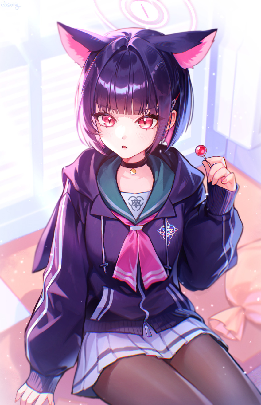 1girl absurdres animal_ear_fluff animal_ears black_choker black_hoodie black_pantyhose blue_archive blunt_bangs blurry blurry_background bob_cut candy choker collar colored_inner_hair commentary_request dasong depth_of_field food halo highres holding holding_candy holding_food holding_lollipop hood hood_down hoodie indoors kazusa_(blue_archive) lollipop multicolored_hair open_mouth pantyhose pink_halo pleated_skirt short_hair single_horizontal_stripe sitting skirt sleeves_past_wrists slit_pupils solo window_blinds