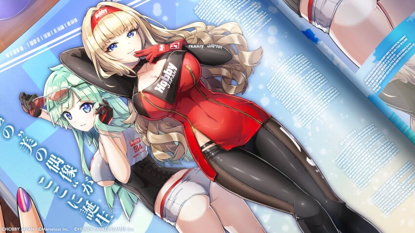 2girls arm_up blonde_hair blue_eyes breasts collar dolphin_wave finger_to_own_chin gloves green_hair hairband highres kirahoshi_kanna large_breasts looking_back multiple_girls ootomo_takuji race_queen racing_suit selena_lewis short_shorts shorts sleeveless sunglasses wavy_hair