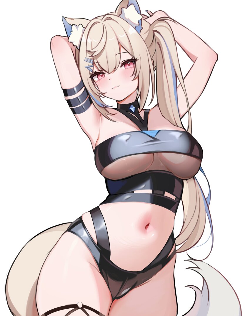 1girl :3 absurdres animal_ears arm_strap armpits arms_up bare_shoulders bikini black_bikini blonde_hair blue_hair blush breasts closed_mouth colored_inner_animal_ears commentary dog_ears dog_girl dog_tail english_commentary fuwawa_abyssgard fuwawa_abyssgard_(holonatsu_paradise) hair_ornament hairclip highres holoadvent hololive hololive_english holonatsu_paradise koahri large_breasts long_hair looking_at_viewer multicolored_hair navel pink_eyes side_ponytail simple_background smile solo stomach streaked_hair swimsuit tail thighs two-tone_hair virtual_youtuber white_background yellow_tail