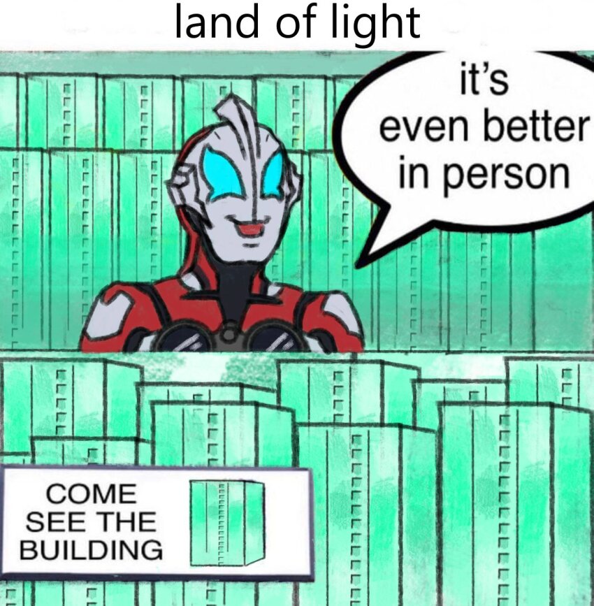 :d alien binoculars black_skin blue_eyes building city cityscape colored_skin commentary day derivative_work english_commentary english_text holding holding_binoculars land_of_light male_focus meme morgan_(wing_waver) multicolored_skin no_pupils open_mouth outdoors red_skin sign silver_skin smile solo speech_bubble talking tokusatsu ultra_series ultraman_geed ultraman_geed_(series)
