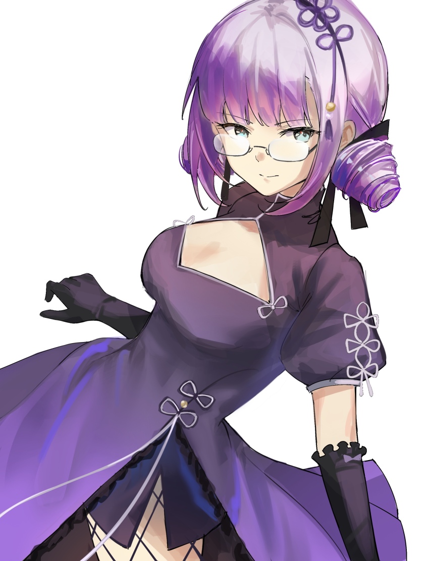 1girl absurdres china_dress chinese_clothes dress drill_hair glasses green_eyes heaven_burns_red highres higuchi_seika kr_woyue medium_hair pelvic_curtain purple_hair side_slit solo twin_drills