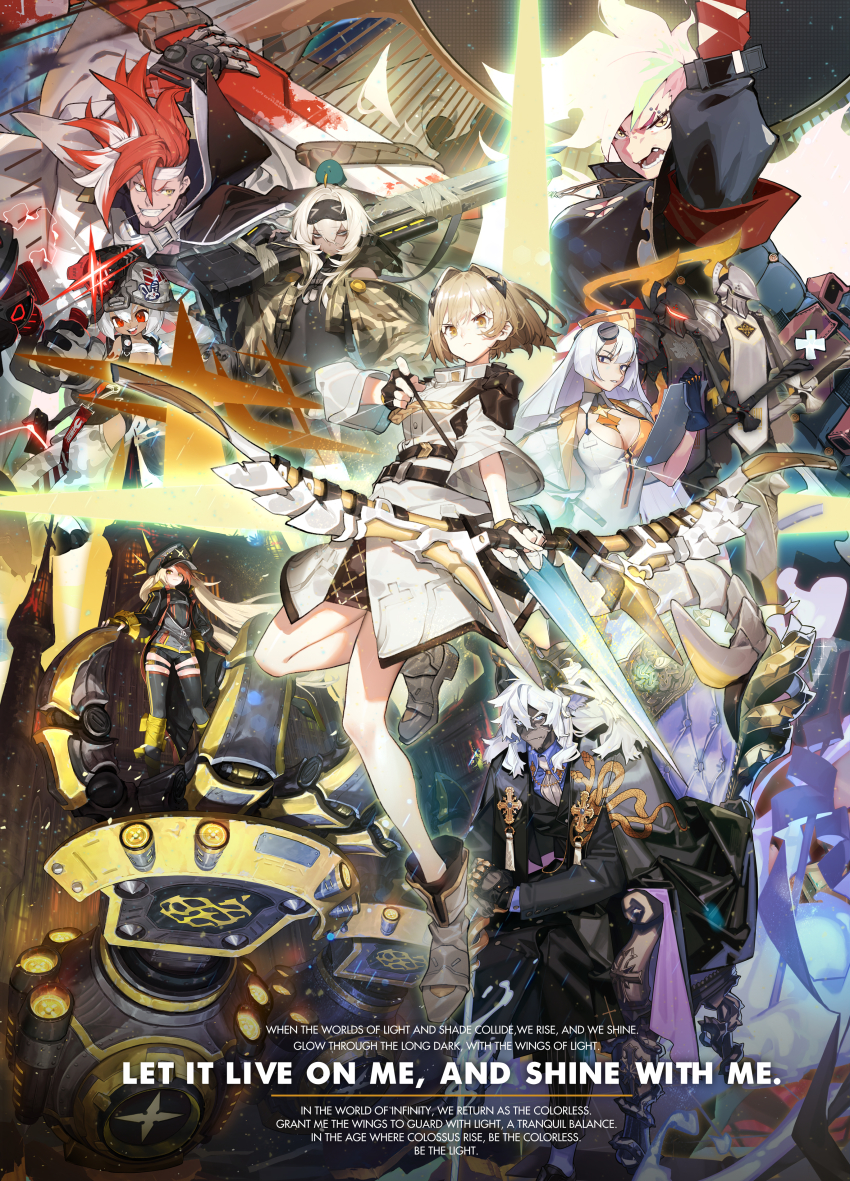 2boys 6+girls absurdres alchemy_stars bow_(weapon) dark_skin dark-skinned_female dragon_tail gronru_(alchemy_stars) hat highres horns istvan_(alchemy_stars) kafka_(alchemy_stars) multicolored_hair multiple_boys multiple_girls official_art rabbie_(alchemy_stars) red_hair regina_(alchemy_stars) sinsa_(alchemy_stars) tail vice_(alchemy_stars) weapon white_hair