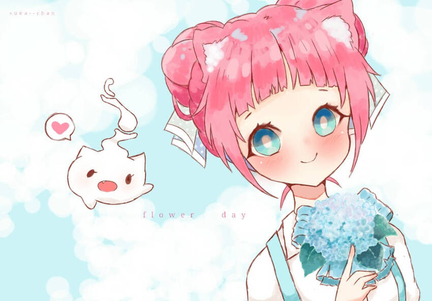 animal_ear_fluff animal_ears blue_bow blue_bowtie blue_eyes blue_flower blue_sky blunt_bangs blush bow bowtie cat_ears closed_mouth cloud collared_shirt creature day double_bun english_text eyelashes flower flower_brooch flower_request grey_ribbon hair_bun hair_ribbon hand_on_own_chest kisaragi_1go looking_at_viewer original outdoors pink_hair polka_dot polka_dot_ribbon ribbon shirt short_hair sky smile solo suna--chan suspenders upper_body white_shirt white_sleeves