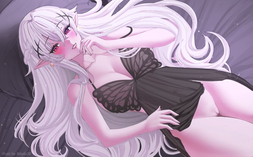 1girl artist_name bed_sheet blush braid breasts commentary commission earrings english_commentary grin hair_between_eyes highres ibbychan jewelry large_breasts lingerie lips long_hair nano_gure negligee nexas_(vtuber) pillow pink_eyes pointy_ears pussy second-party_source smile solo teeth underwear virtual_youtuber white_hair