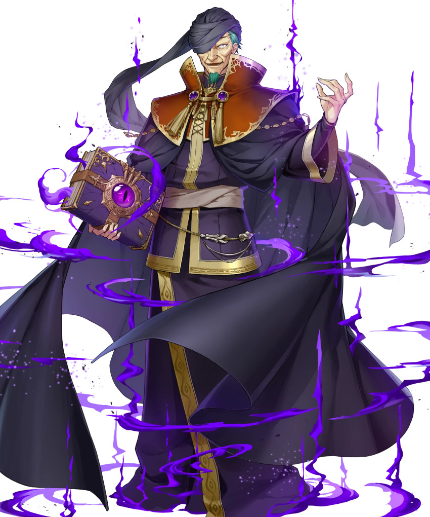 1boy beard black_robe black_turban book facial_hair fire_emblem fire_emblem:_the_blazing_blade fire_emblem_heroes grey_hair hat_over_one_eye highres holding holding_book looking_at_viewer nergal_(fire_emblem) nintendo non-web_source official_art old old_man parted_lips robe smile solo tachi-e turban