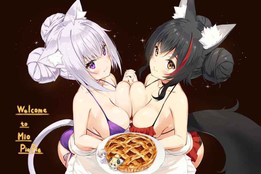 4girls ahoge animal_ear_fluff animal_ears asymmetrical_docking bikini black_hair blonde_hair breast_press breasts cat_ears cat_girl cat_tail cleavage double_bun food frilled_bikini frills hair_bun highres hololive hololive_dev_is horns kinako_mocchi_mochi large_breasts long_hair looking_at_viewer multicolored_hair multiple_girls nekomata_okayu ookami_mio pie purple_bikini purple_eyes purple_hair red_bikini red_hair sheep_girl sheep_horns side-tie_bikini_bottom smile streaked_hair swimsuit tail todoroki_hajime tsunomaki_watame two_side_up virtual_youtuber wolf_ears wolf_girl wolf_tail yellow_eyes