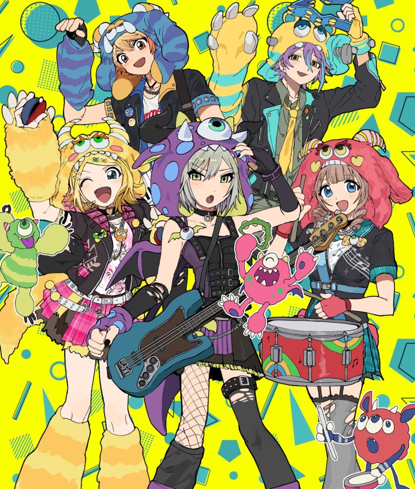2boys 3girls :d :o animal_hat asymmetrical_legwear bass_guitar blonde_hair blue_eyes bnna-0208 brown_eyes brown_hair choker creature dress_shirt drum drumsticks fangs fingerless_gloves gloves green_eyes grey_hair hat hibiku_twilight_parade_(project_sekai) highres hinomori_shiho holding holding_bass_guitar holding_drumsticks holding_instrument instrument jacket jewelry kagamine_rin kamishiro_rui mochizuki_honami multicolored_hair multiple_boys multiple_girls necklace necktie one_eye_closed open_mouth project_sekai purple_hair shirt short_hair skirt smile socks_over_fishnets streaked_hair tambourine tenma_tsukasa thighhighs vocaloid wonderlands_x_showtime_rin yellow_eyes