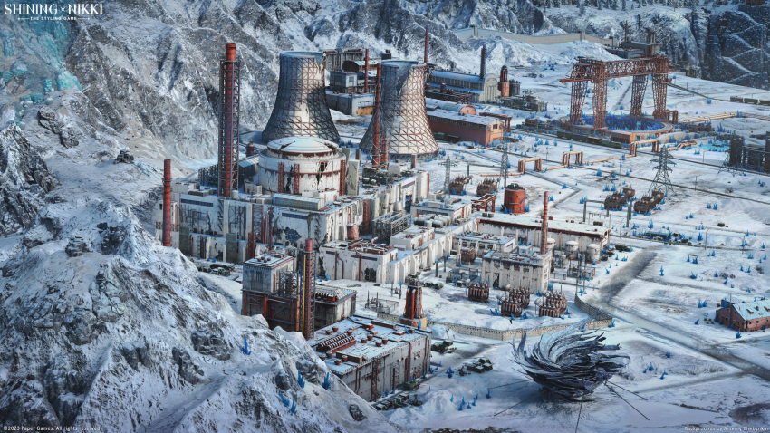 3d arsenixc building copyright_name factory highres industrial mountain nikki_(series) no_humans official_art outdoors railroad_tracks scenery shining_nikki snow transmission_tower winter