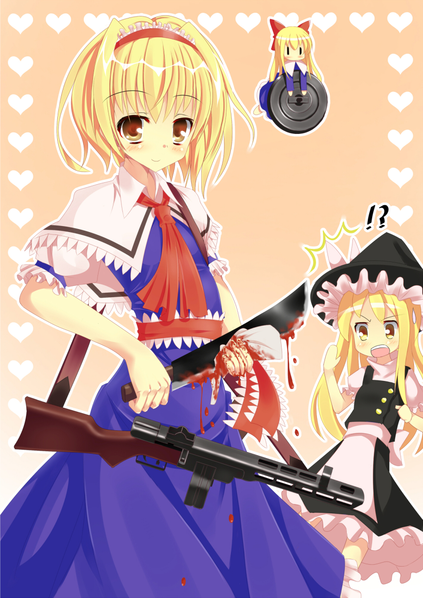 !? 2girls ^^^ alice_margatroid black_headwear black_skirt black_vest blonde_hair blood blood_drip blood_on_hands bloody_knife blue_dress blush brown_eyes buttons capelet closed_mouth collared_capelet commentary_request cookie_(touhou) doll dress explosive feet_out_of_frame frilled_hairband frilled_sash frilled_skirt frilled_sleeves frills gun hairband hat heart highres hinase_(cookie) holding holding_knife kirisame_marisa knife long_hair looking_at_viewer machete mine_(weapon) multiple_girls necktie open_mouth ppsh-41 puffy_short_sleeves puffy_sleeves red_hairband red_necktie red_sash sash shanghai_doll shirt short_hair short_sleeves skirt sleeveless sleeveless_dress smile submachine_gun szk touhou uzuki_(cookie) vest weapon white_capelet white_shirt wiping witch_hat yellow_background