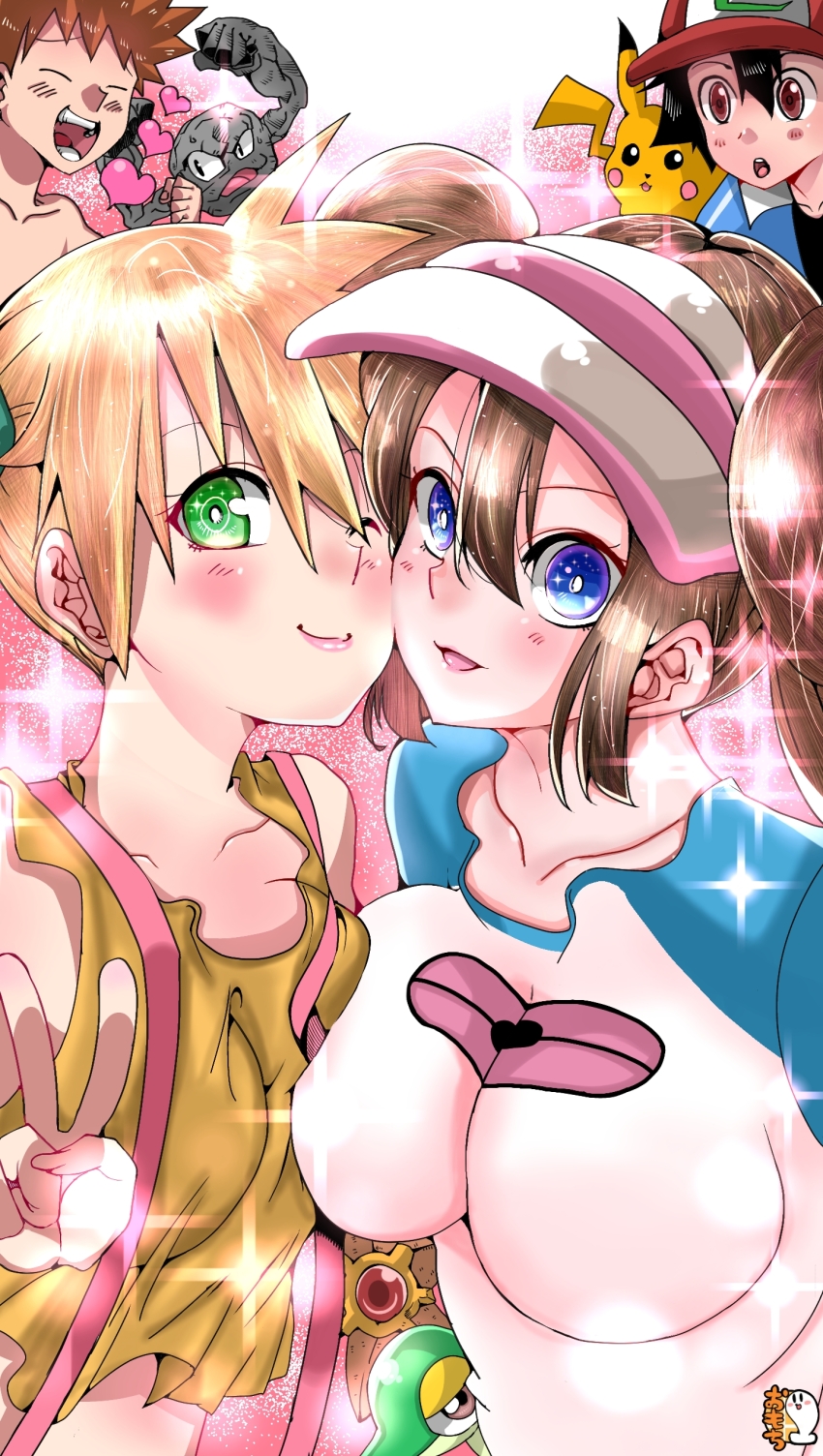 2boys 2girls absurdres ash_ketchum asymmetrical_docking asymmetrical_hair baseball_cap black_hair blue_eyes blush breast_press breasts brock_(pokemon) brown_eyes brown_hair cheek-to-cheek double_bun gen_1_pokemon gen_5_pokemon geodude green_eyes hair_bun hat heads_together heart highres huge_breasts kinakomochi_(user_vedc2333) large_breasts long_hair looking_at_viewer misty_(pokemon) multiple_boys multiple_girls nintendo one_eye_closed open_mouth orange_hair pikachu pokemon pokemon_(anime) pokemon_(classic_anime) pokemon_bw2 ponytail rosa_(pokemon) shirt short_hair side_ponytail smile snivy sparkle staryu suspenders twintails v visor_cap wink yuri