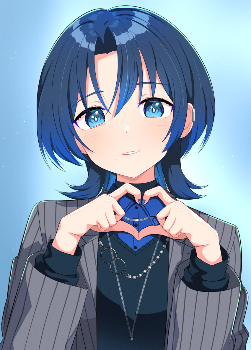 1girl absurdres black_sweater blue_eyes blue_hair blue_nails blue_shirt collared_shirt grey_jacket heart heart_hands highres hiodoshi_ao hiodoshi_ao_(1st_costume) hololive hololive_dev_is jacket jewelry looking_at_viewer medium_hair mole mole_under_mouth necklace pinstripe_jacket pinstripe_pattern shirt solo striped_clothes striped_jacket suit_jacket sweater vertical-striped_clothes vertical-striped_jacket virtual_youtuber wolf_cut zara_(artist)