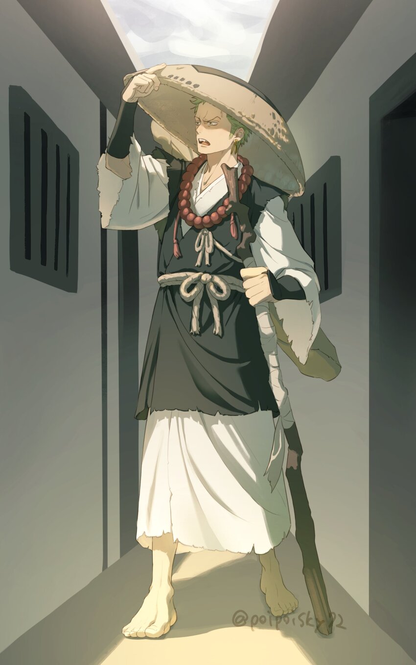 1boy absurdres adjusting_clothes adjusting_headwear alley alternate_costume barefoot bead_necklace beads cane earrings full_body green_hair grey_sky highres holding holding_cane japanese_clothes jewelry long_sleeves male_focus necklace one_piece open_mouth outdoors poipoisky72 roronoa_zoro sandogasa short_hair sky solo standing
